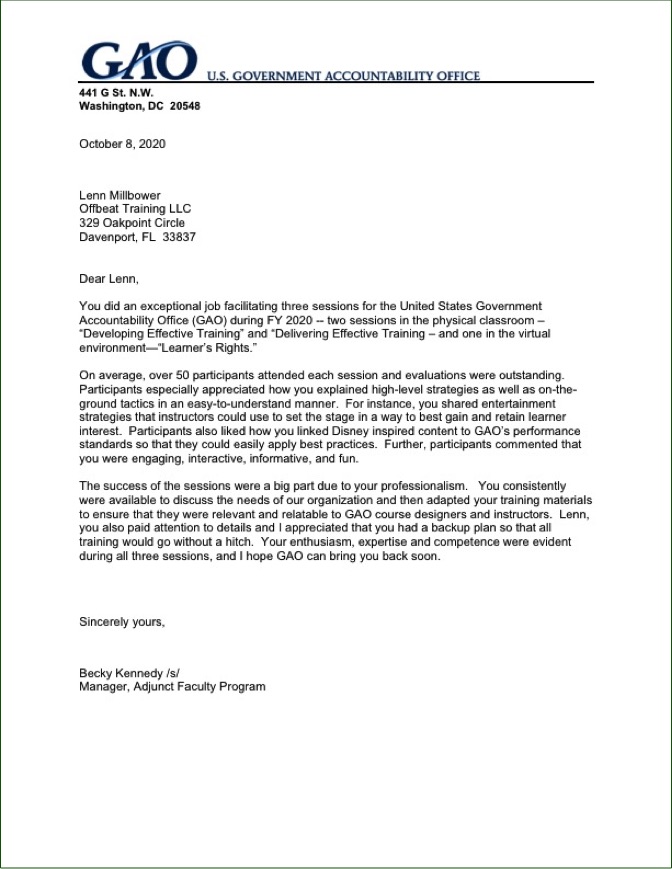 Disney Workshop Trainer US GAO Recommendation Letter