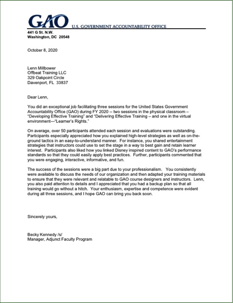 Disney Workshop Trainer US GAO Recommendation Letter